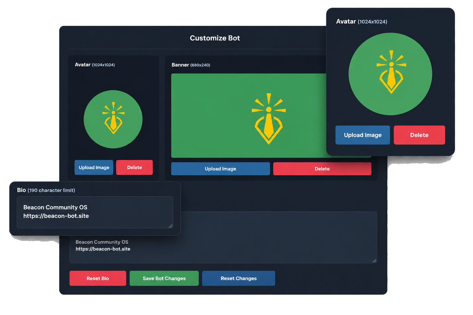 Preview of the Customize Bot dashboard