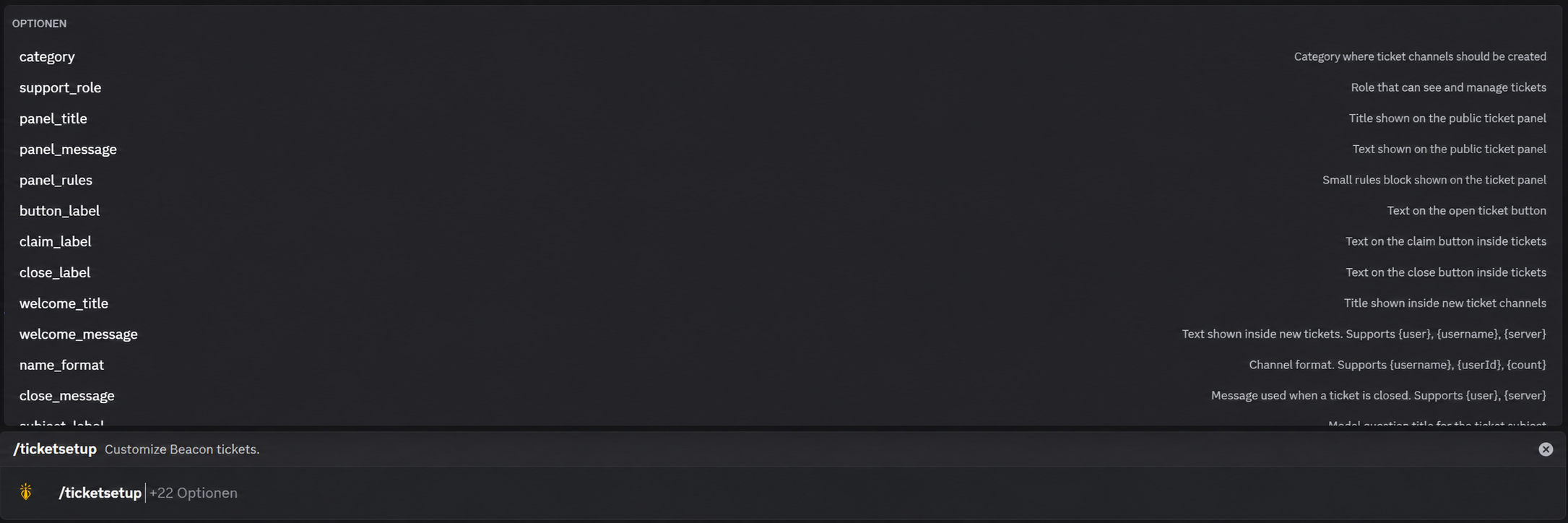 Beacon ticket setup options in Discord